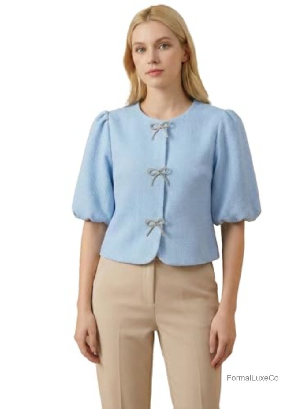 Textured Puff Sleeve Rhinestone Bow Cropped Blazer